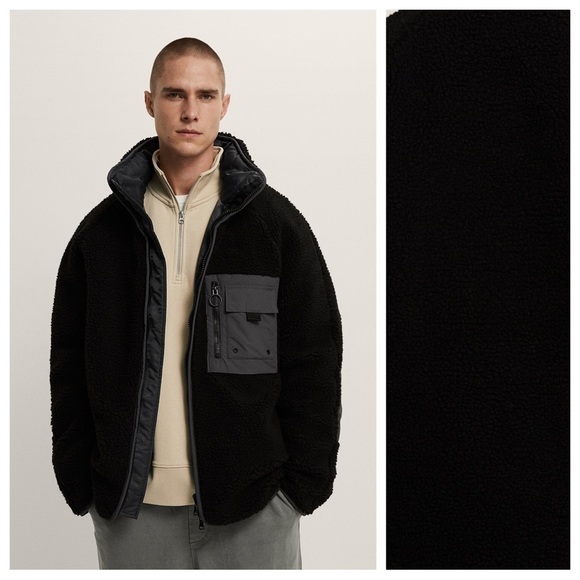 NWT. Zara Man Black/Gray Zipped Chest Pocket Fleece Jacket. Size L-XL.